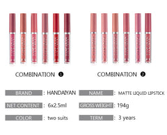 Luxury Matte Lipstick Set - Waterproof, Non-transferable 6-Piece Lip Color Gloss Gift Box