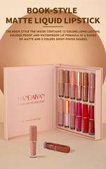 12-Color Book Lip Gloss Set Matte & Pearl Finish Non-Stick Cup Lip Glaze Lipstick Kit