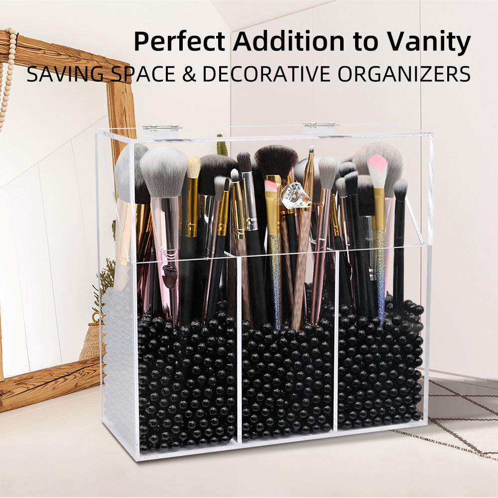  Vevitts Acrylic Makeup Brush Holder, Clear Cosmetic Brush  Storage Box 3 Brush Holders, Makeup Brush Case with Dust Cover,  Large-Capacity Split Design for Organize the Vanity Desk (No pearl and  brush) 